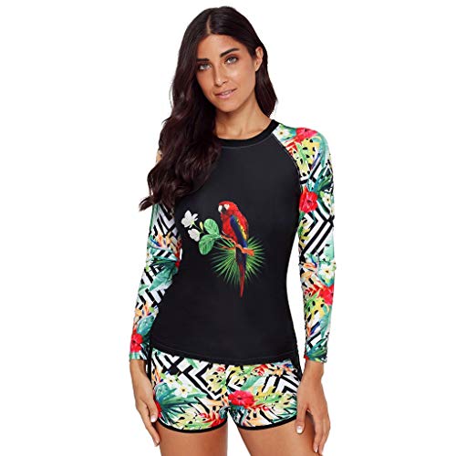 Luckycat Mujeres Manga Larga 2 Piezas Conjuntos Trajes de baño para Natación Surf con Filtro de protección UV UPF Tankini de Halter Floral con Cuello en V para Mujer con Traje de baño de Dos Piezas