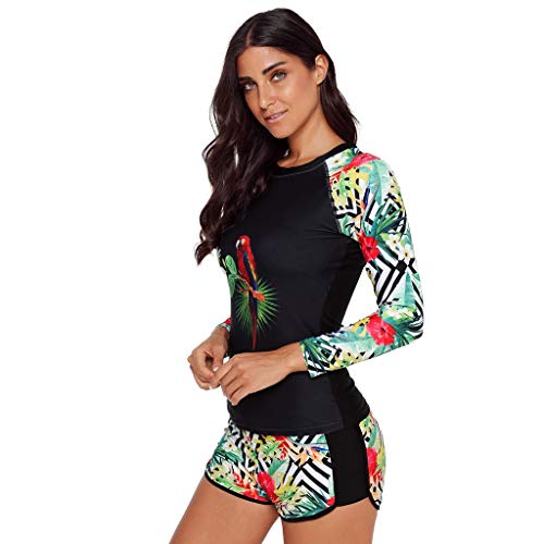 Luckycat Mujeres Manga Larga 2 Piezas Conjuntos Trajes de baño para Natación Surf con Filtro de protección UV UPF Tankini de Halter Floral con Cuello en V para Mujer con Traje de baño de Dos Piezas