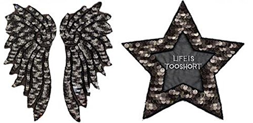 Lumanuby 1 parche bordado de estrella negra para camisas/chaquetas o sudaderas con la palabra "Life is so short", parche de la serie Size 23 x 22 cm