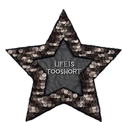 Lumanuby 1 parche bordado de estrella negra para camisas/chaquetas o sudaderas con la palabra "Life is so short", parche de la serie Size 23 x 22 cm