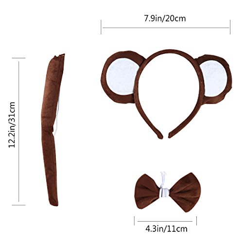 LUOEM Animal Cosplay Headband Tail Bow Costume Set Monkey Ears Diademas Hair Band para Cosplay Fiesta de disfraces de Halloween, paquete de 3