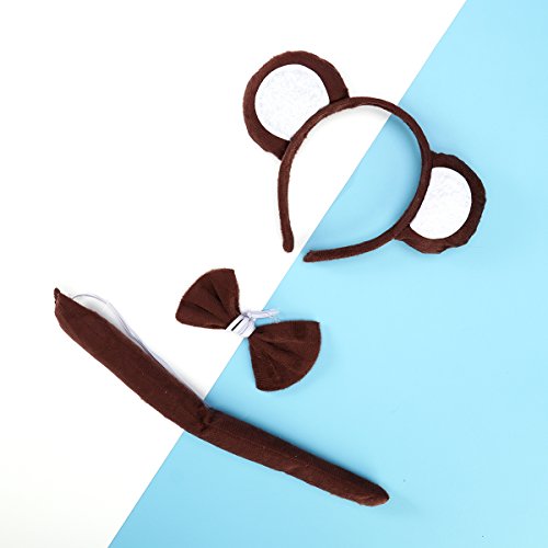 LUOEM Animal Cosplay Headband Tail Bow Costume Set Monkey Ears Diademas Hair Band para Cosplay Fiesta de disfraces de Halloween, paquete de 3