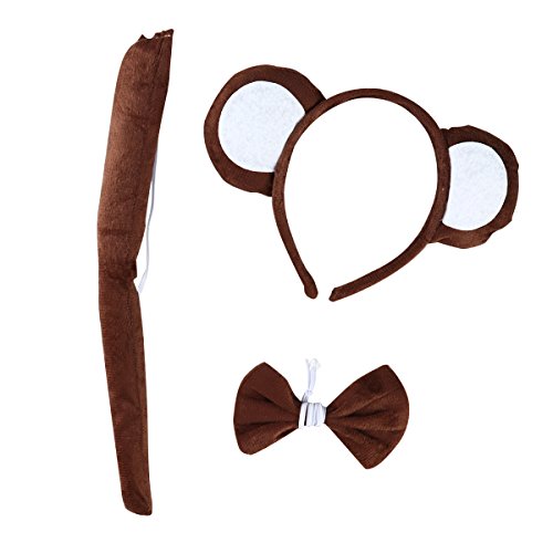 LUOEM Animal Cosplay Headband Tail Bow Costume Set Monkey Ears Diademas Hair Band para Cosplay Fiesta de disfraces de Halloween, paquete de 3