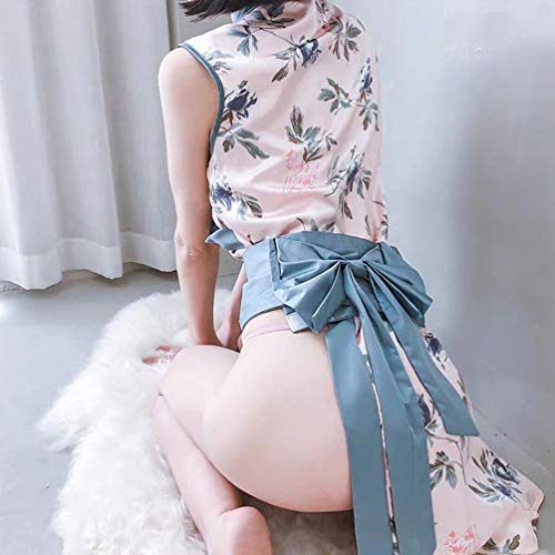 LUOEM Vestido de Lencería de Kimono Poliéster Estampado con Nudo de Lazo Bata Japonesa Ropa Sexy Disfraz de Cheongsam Conjunto de Ropa Interior de Anime Pijama para Cosplay de rol
