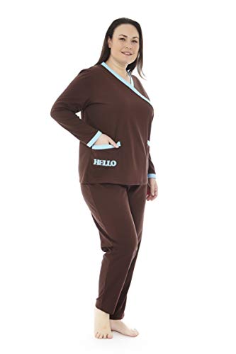 Mabel Intima Pijama Talla Grande Mujer Pijama Manga Larga y pantalón Largo. Color marrón Bordado Hello. Talla 62. 100% poliéster. Tejido Ligero para Entretiempo.
