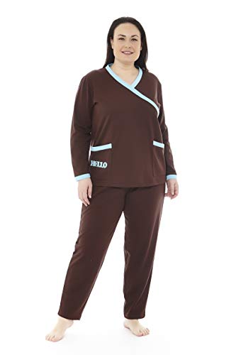 Mabel Intima Pijama Talla Grande Mujer Pijama Manga Larga y pantalón Largo. Color marrón Bordado Hello. Talla 62. 100% poliéster. Tejido Ligero para Entretiempo.
