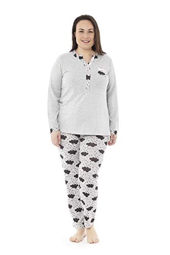 Mabel Intima Pijama Talla Grande Mujer Pijama Manga Larga y pantalón Largo. Gris y Estampado pantalón con Nubes Negras. Talla 70 95% poliéster-5% Spandex.