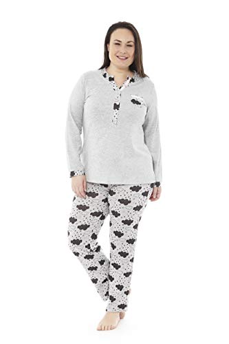 Mabel Intima Pijama Talla Grande Mujer Pijama Manga Larga y pantalón Largo. Gris y Estampado pantalón con Nubes Negras. Talla 70 95% poliéster-5% Spandex.