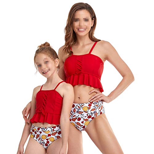 Madre e Hija Lindo Traje de Baño Dos Piezas,Conjunto de Bikini con Volantes y Espalda Abierta de Cintura Alta,Ropa de Baño a Juego para la Familia Mamá Niña Bañadores de Mujer de Verano Playa