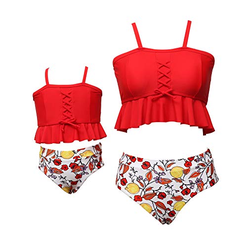 Madre e Hija Lindo Traje de Baño Dos Piezas,Conjunto de Bikini con Volantes y Espalda Abierta de Cintura Alta,Ropa de Baño a Juego para la Familia Mamá Niña Bañadores de Mujer de Verano Playa