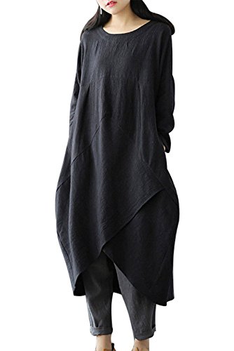 Magimodac - Vestido largo de lino para mujer, estilo túnica, vintage, para fiestas, vestido grande, talla 38 – 50 Negro 48