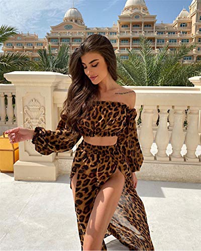 MAHUAOYIXI 2 piezas Bikini Cover Up Estampado Leopardo Vestido de Playa Cubre Disfraz Mujer Crop Top de Manga Larga + Falda Larga Elegante marrón Talla única