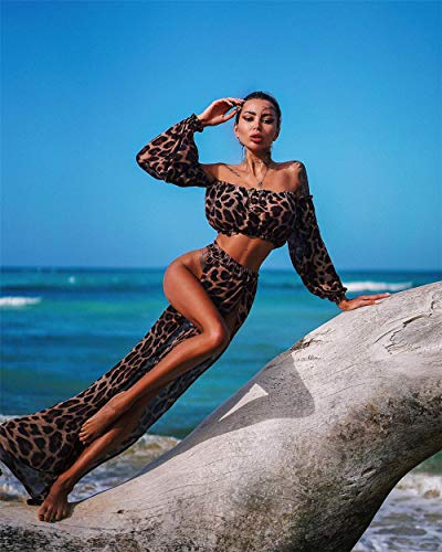 MAHUAOYIXI 2 piezas Bikini Cover Up Estampado Leopardo Vestido de Playa Cubre Disfraz Mujer Crop Top de Manga Larga + Falda Larga Elegante marrón Talla única