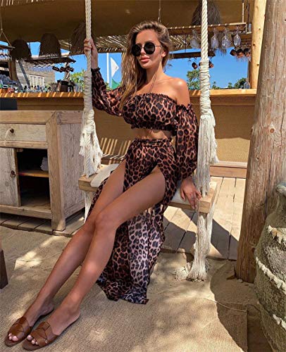 MAHUAOYIXI 2 piezas Bikini Cover Up Estampado Leopardo Vestido de Playa Cubre Disfraz Mujer Crop Top de Manga Larga + Falda Larga Elegante marrón Talla única