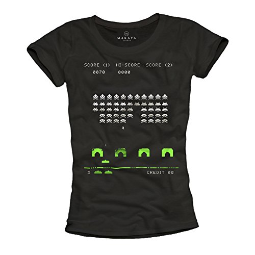 MAKAYA Camisetas Frikis para Mujer - Space Invaders - Negras L
