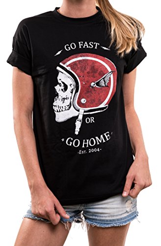 MAKAYA Oversize Top Manga Corta Estilo Casual - Calavera Casco Moto - Camiseta con Mensaje para Mujer Negro L