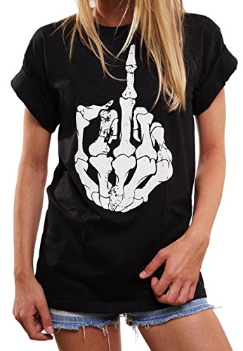 MAKAYA Oversize Top Talla Grande Manga Corta - Skull Dedo Finger Calavera - Camiesta Punk Rock Mujer Negro XXL