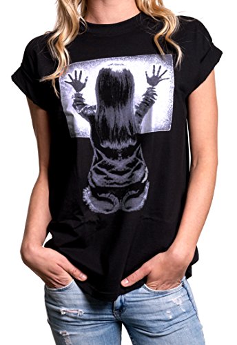 MAKAYA Top Gothic Manga Corta Ancha Impresión - Horror Poltergeist - Camiseta con Dibujos Mujer Negro M