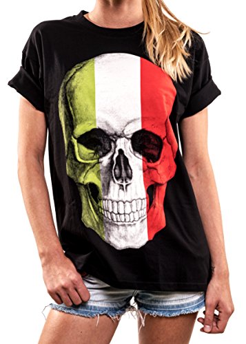MAKAYA Top Oversize Manga Corta - Skull Gotica Bandera Italia - Camiseta Calavera Mujer Negro M