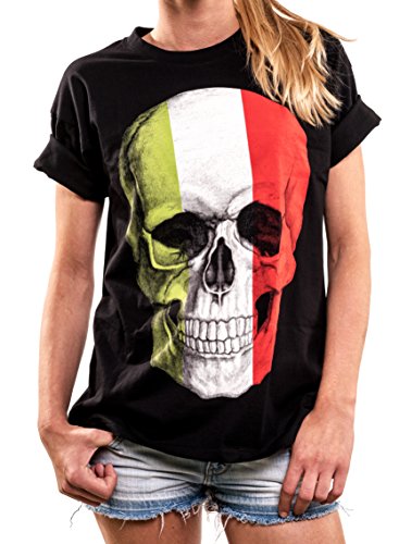 MAKAYA Top Oversize Manga Corta - Skull Gotica Bandera Italia - Camiseta Calavera Mujer Negro M