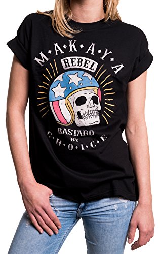 MAKAYA Vintage Top Talla Grande Manga Corta - Calavera con Casco - Camiseta Moto para Mujer con Mensaje Negro XXL