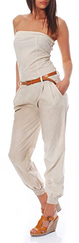 Malito Mujer Jumpsuit Largo Cinturón Body sin Mangas Catsuit Playsuit 1585 (Beige, S)