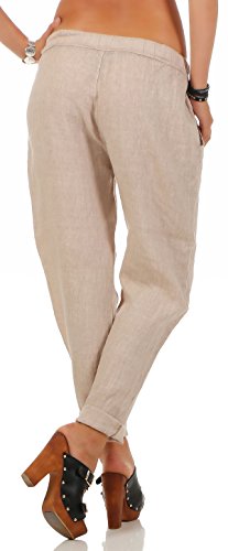 Malito Ocio Pantalones de Lino con Cintura Elástica 6816 Mujer (M, Beige)