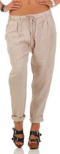 Malito Ocio Pantalones de Lino con Cintura Elástica 6816 Mujer (M, Beige)