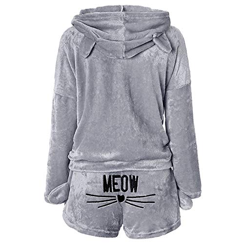 Mallalah Pijamas para Mujer Ropa de Dormir Acogedora Sudadera con Capucha Bordada de Lana Meow PJ Set (S, Gris)