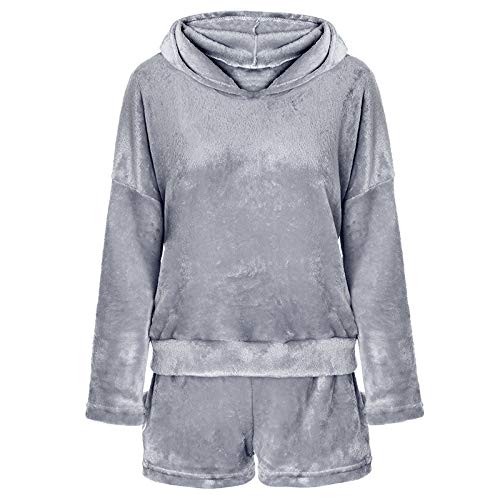 Mallalah Pijamas para Mujer Ropa de Dormir Acogedora Sudadera con Capucha Bordada de Lana Meow PJ Set (S, Gris)