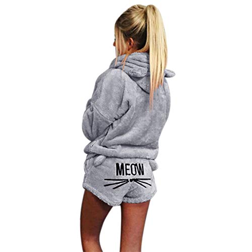 Mallalah Pijamas para Mujer Ropa de Dormir Acogedora Sudadera con Capucha Bordada de Lana Meow PJ Set (S, Gris)
