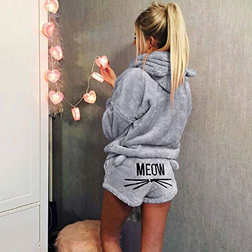 Mallalah Pijamas para Mujer Ropa de Dormir Acogedora Sudadera con Capucha Bordada de Lana Meow PJ Set (S, Gris)