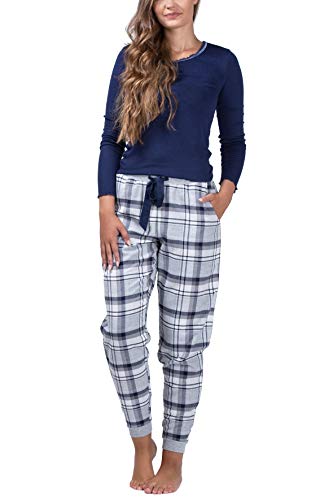 maluuna Pijama de Mujer con pantalón de Franela y puños 100% algodón, Color:Azul Marino, Größe:L