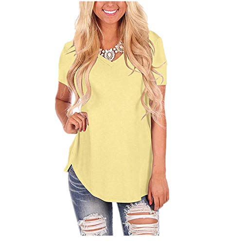 Manga corta blanca camiseta de algodón básica camiseta camiseta de verano de las mujeres de la camiseta casual sólido suelta top V cuello señoras - amarillo - 3X