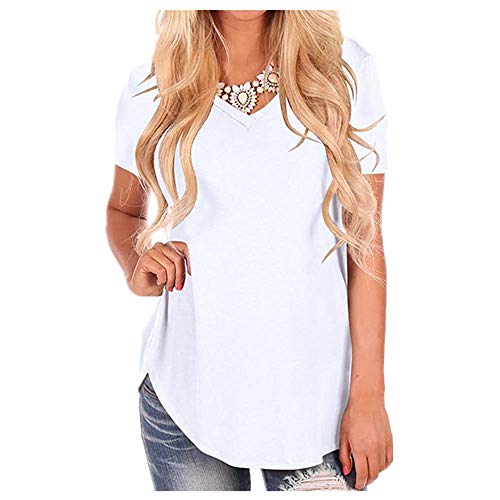 Manga corta blanca camiseta de algodón básica camiseta de verano de las mujeres de la camiseta casual sólido suelto top V cuello señoras - blanco - 2X-Large