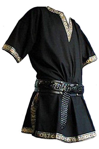 Manga Corta Medieval de Los Hombres Tunica Medieval Camisa con Cuello en V Sin Correa Negro, XXL