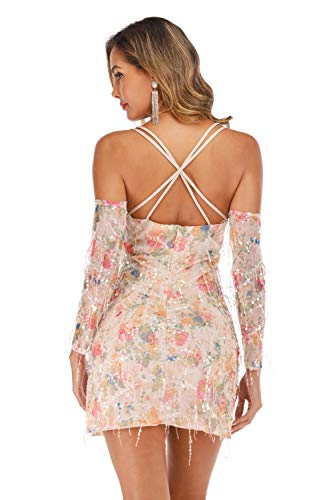 Manga Larga Escote Triangular en V Aberturas Hombros al Descubiertos Aire Detalle de Tirantes Sequin de Lentejuelas Flor Flores Mini Corta Bodycon Tubo Ajustado Lápiz Vestido Rosa S