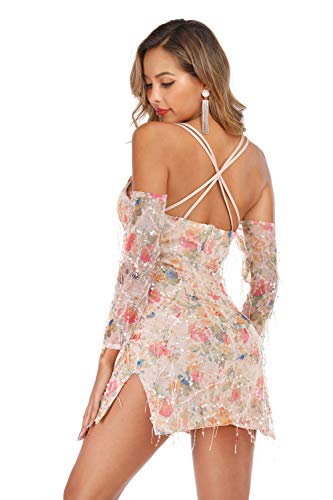 Manga Larga Escote Triangular en V Aberturas Hombros al Descubiertos Aire Detalle de Tirantes Sequin de Lentejuelas Flor Flores Mini Corta Bodycon Tubo Ajustado Lápiz Vestido Rosa S