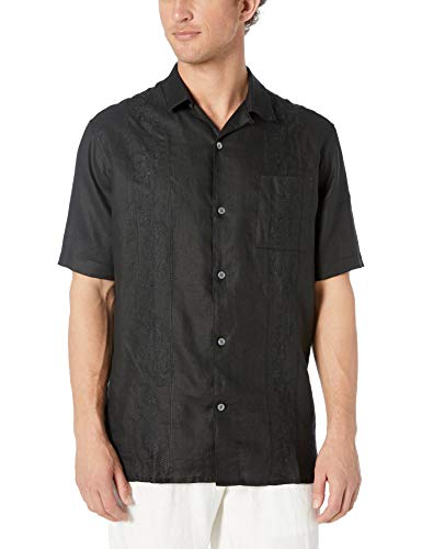Marca Amazon - 28 Palms – Camisa guayabera bordada de manga corta de corte holgado de lino 100 % para hombre , Negro, US M (EU M)