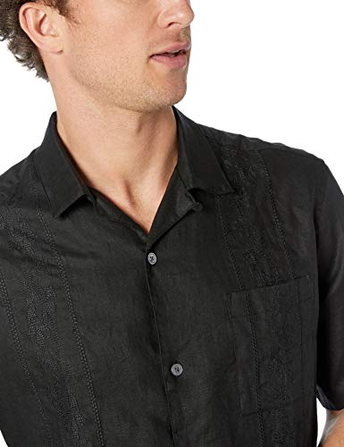 Marca Amazon - 28 Palms – Camisa guayabera bordada de manga corta de corte holgado de lino 100 % para hombre , Negro, US M (EU M)