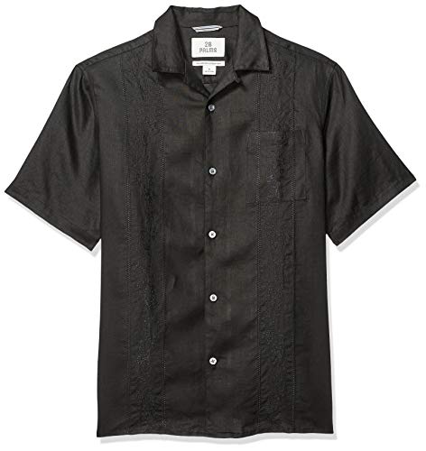 Marca Amazon - 28 Palms – Camisa guayabera bordada de manga corta de corte holgado de lino 100 % para hombre , Negro, US M (EU M)