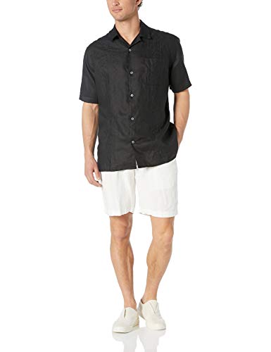 Marca Amazon - 28 Palms – Camisa guayabera bordada de manga corta de corte holgado de lino 100 % para hombre , Negro, US M (EU M)