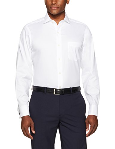 Marca Amazon – BUTTONED DOWN – Camisa de vestir con puño francés de corte clásico con cuello abierto de algodón Supima para hombre que no necesita planchado, Blanco (white), 17.5" Cuello 36" Manga