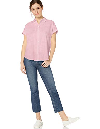 Marca Amazon - Daily Ritual - Camisa de manga corta de algodón ablandado y ajuste holgado para mujer, rosado, (Pink Mini Stripe), US XXL (EU 3XL - 4XL)