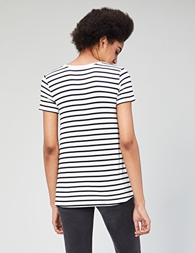 Marca Amazon - Daily Ritual – Camiseta de manga corta holgada con cuello redondo para mujer, Multicolor (White-Navy Stripe 999), US L (EU L - XL)