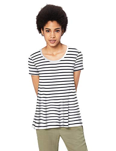 Marca Amazon - Daily Ritual – Camiseta de manga corta holgada con cuello redondo para mujer, Multicolor (White-Navy Stripe 999), US L (EU L - XL)