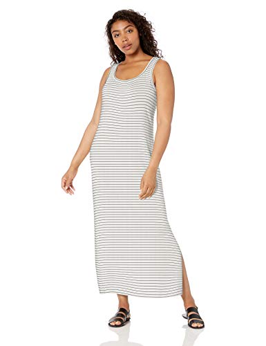 Marca Amazon - Daily Ritual - Maxi vestido de algodón terry súper suave y espalda cruzada, para mujer, Blanco/Negro (White/Black Stripe), US M (EU M - L)