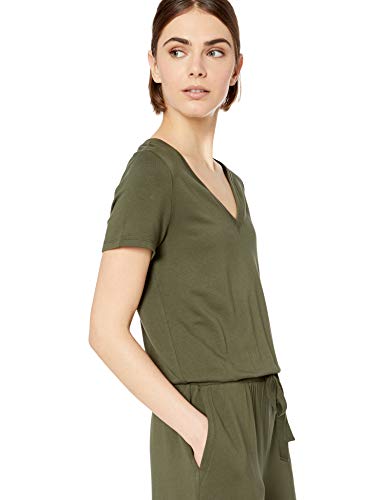 Marca Amazon - Daily Ritual - Pelele de manga corta de algodón terry con cuello en V para mujer, Verde oliva, US M (EU M - L)