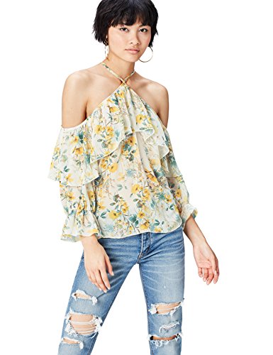 Marca Amazon - find. Blusa Estampada con Hombros al aire para Mujer, Multicolor (Yellow Mix), 36, Label: XS