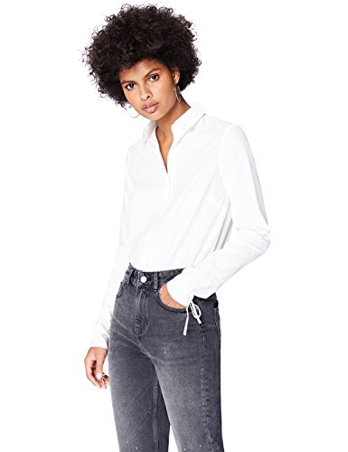 Marca Amazon - find. Camisa Básica con Puño Fruncido de Cordones para Mujer, Blanco (White), 40, Label: M